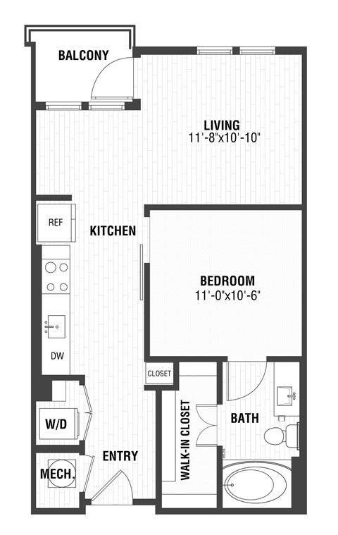 Floor plan for 1 bed, 1 bath, 644 sqft